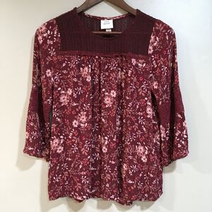 Knox Rose Womens XS Crochet Floral Boho Cottage Top 3/4 Sleeve Red Bell Sleeve
